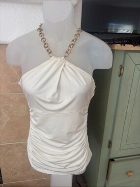 Cache Cream Strapless Chain-Halter Ruched Dress